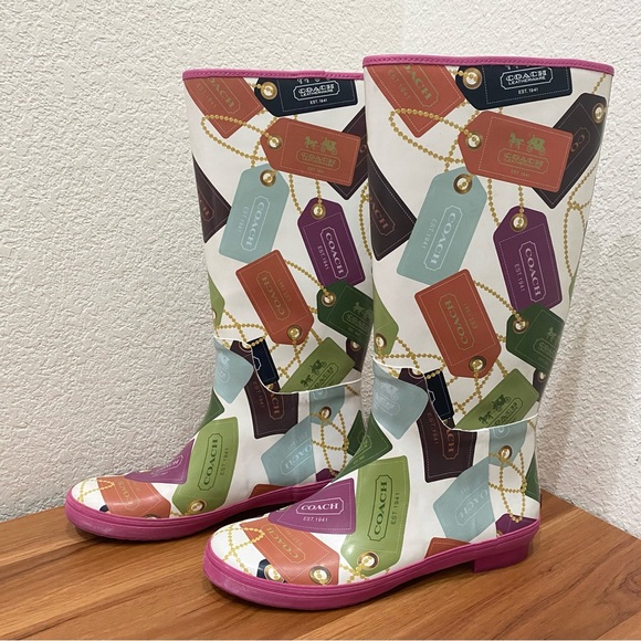 COACH F2460 Pammie Hang Tags Printed Colorful Fun Rain Boots Rubber Size 9B - Picture 4 of 16